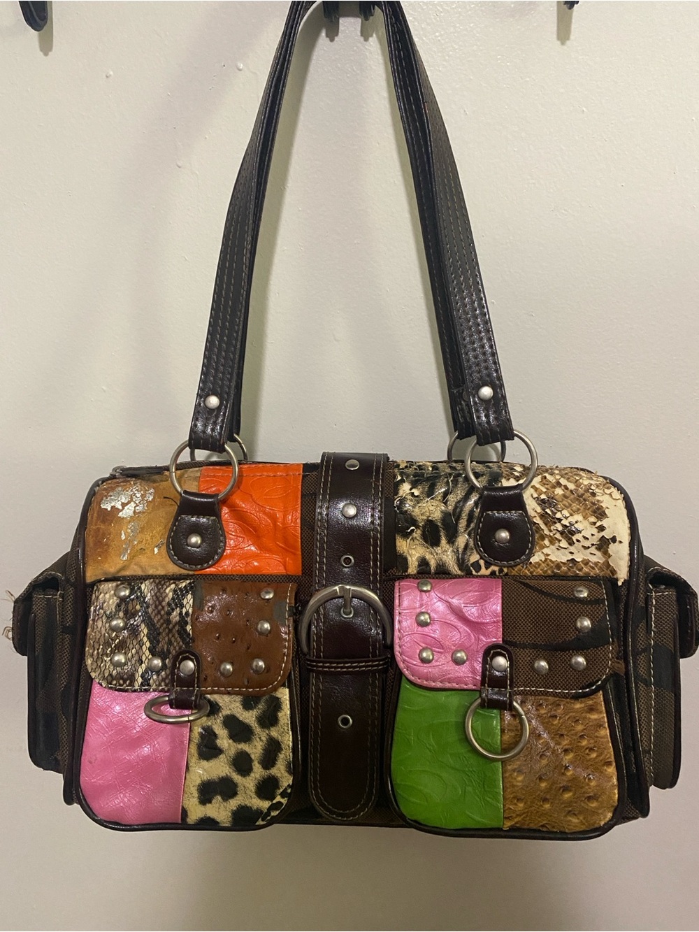 Multicolor Patchwork Leather Satchel Shoulder Bag